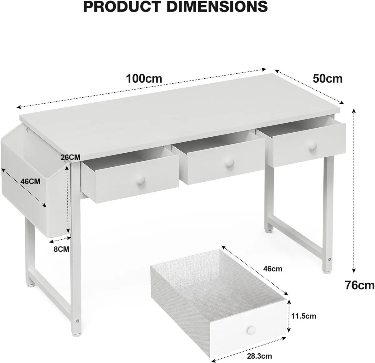 Small Computer Desk with 3 Fabric Drawers 100 - Image 3
