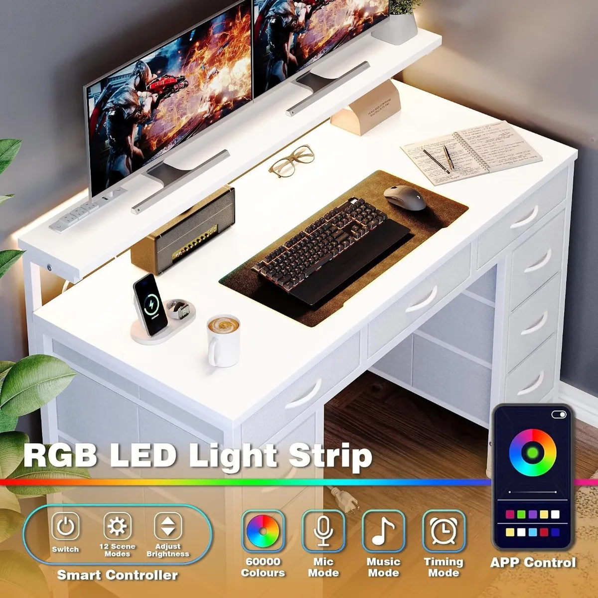 Computer Desk with 9 Drawers LED Light 120 - Image 4