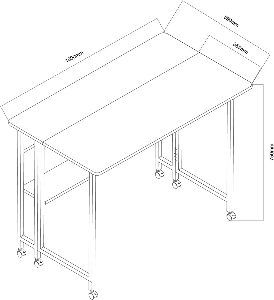 W Folding Mobile Desk 100x58CM with Shelf - Image 3