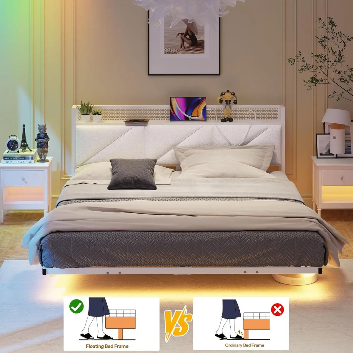 Bed Frame with Floating Upholstered Storage - Image 3