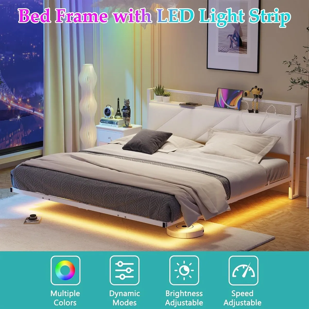 Bed Frame with Floating Upholstered Storage - Image 4
