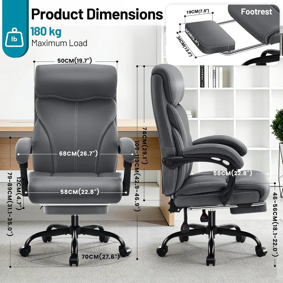 Executive Office Chair with Footrest Armrests - Image 3