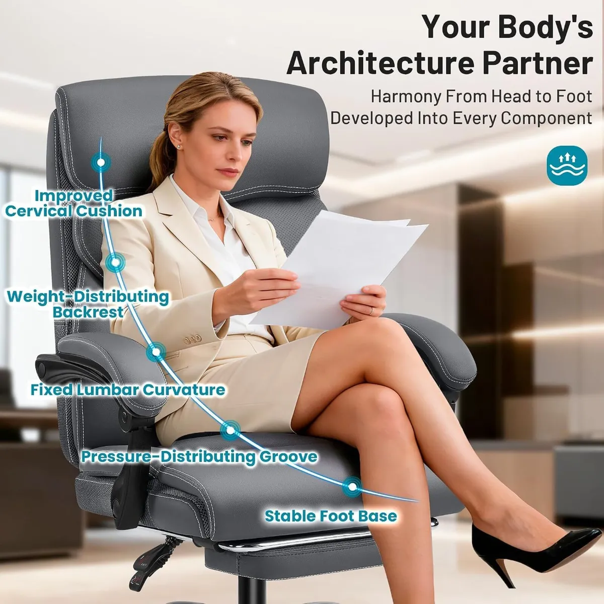 Executive Office Chair with Footrest Armrests - Image 4