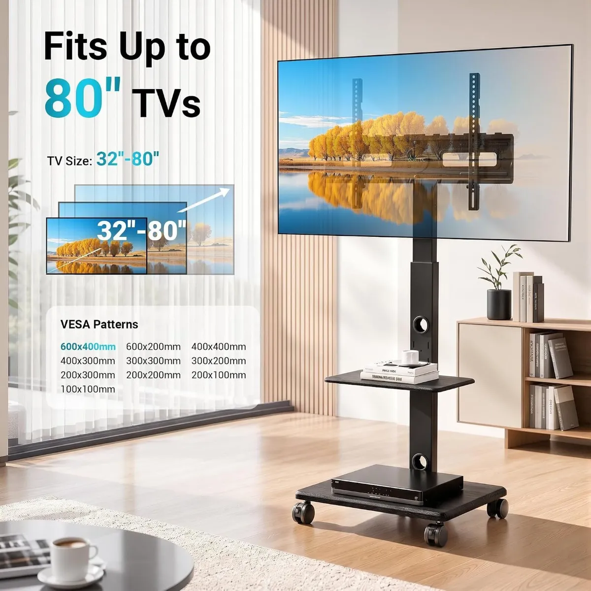 TV Stand on Wheels Height Adjustable Floor Mount - Image 2