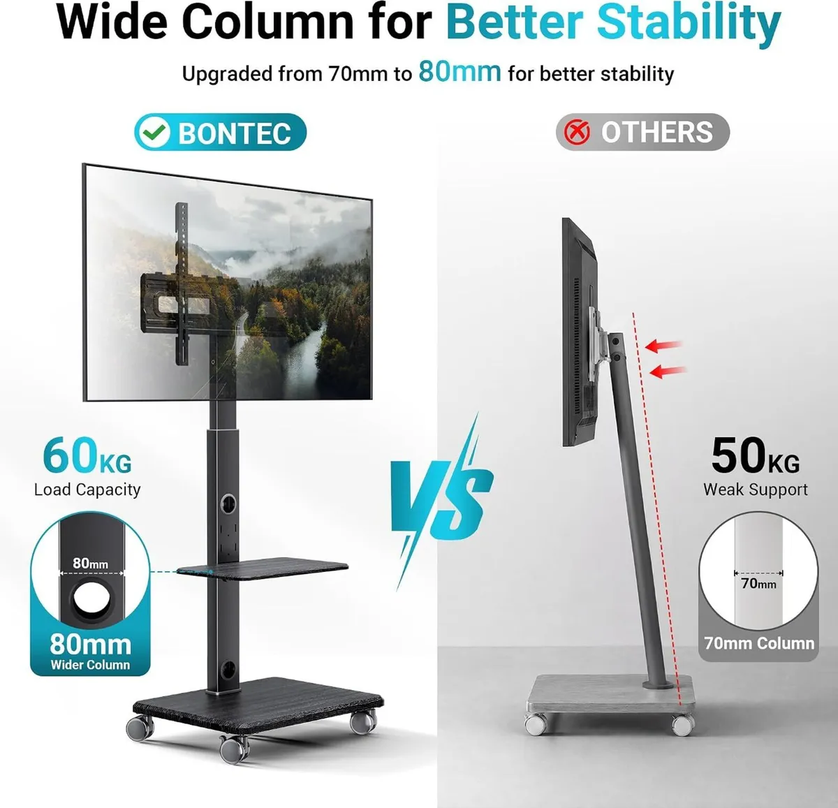 TV Stand on Wheels Height Adjustable Floor Mount - Image 3