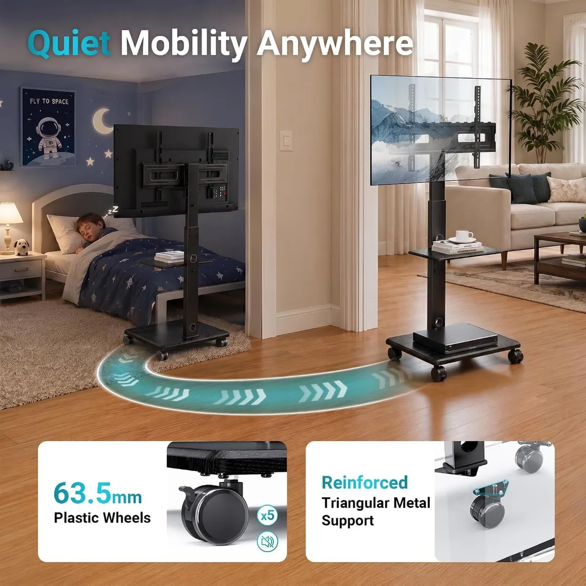 TV Stand on Wheels Height Adjustable Floor Mount - Image 4