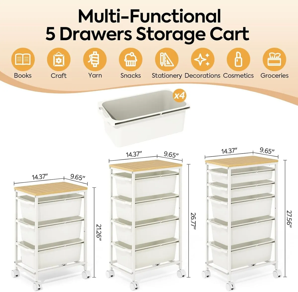 4 Drawers Storage Trolley on Wheels Plastic Craft - Image 3