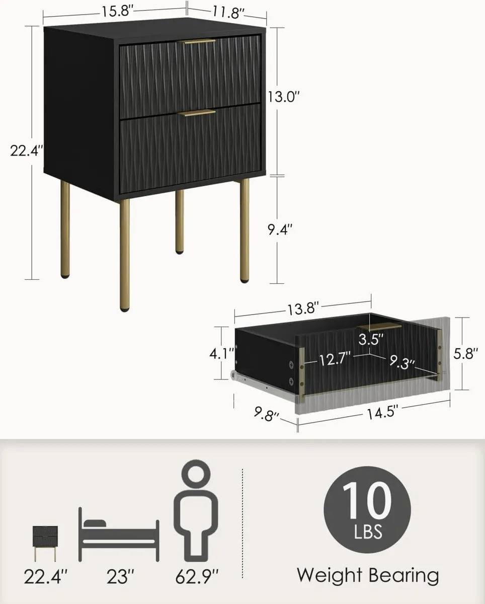 Bedside Table Fluted Nightstand with 2 Drawers - Image 2
