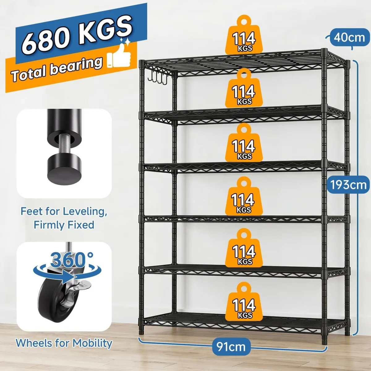 91x40x193CM 6-Tier Heavy Duty Metal Shelving - Image 2