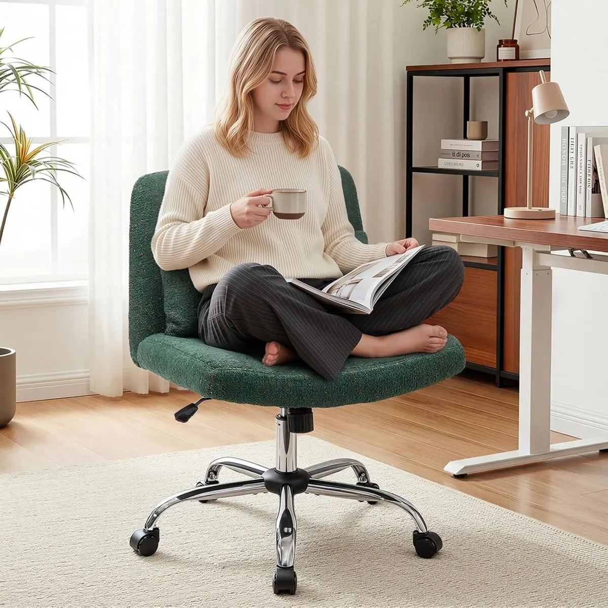 Cross Legged Office Chair Chenille Armless Vanity - Image 2