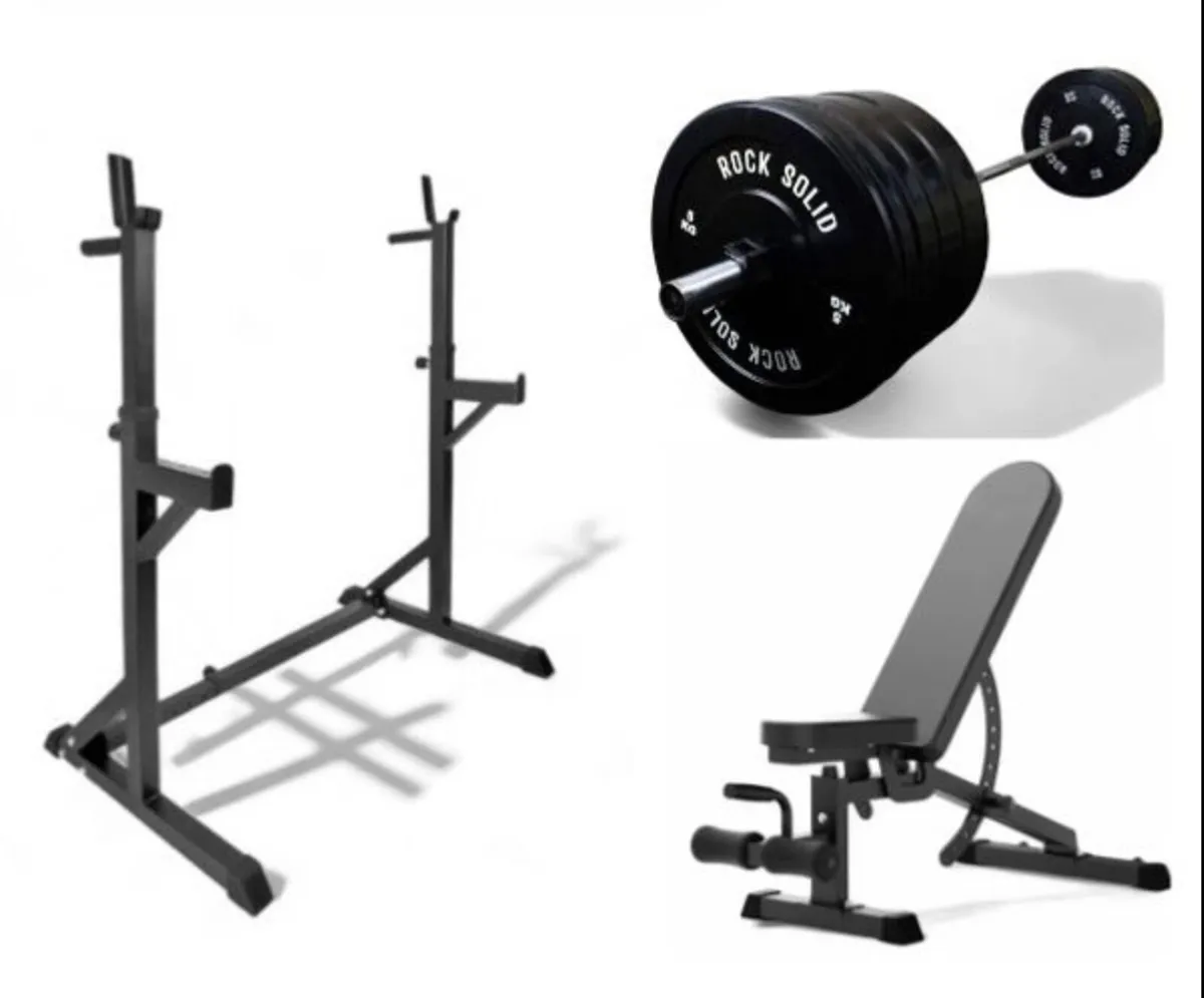 Squat rack, barbell, weight plates, bench (new) - Image 1