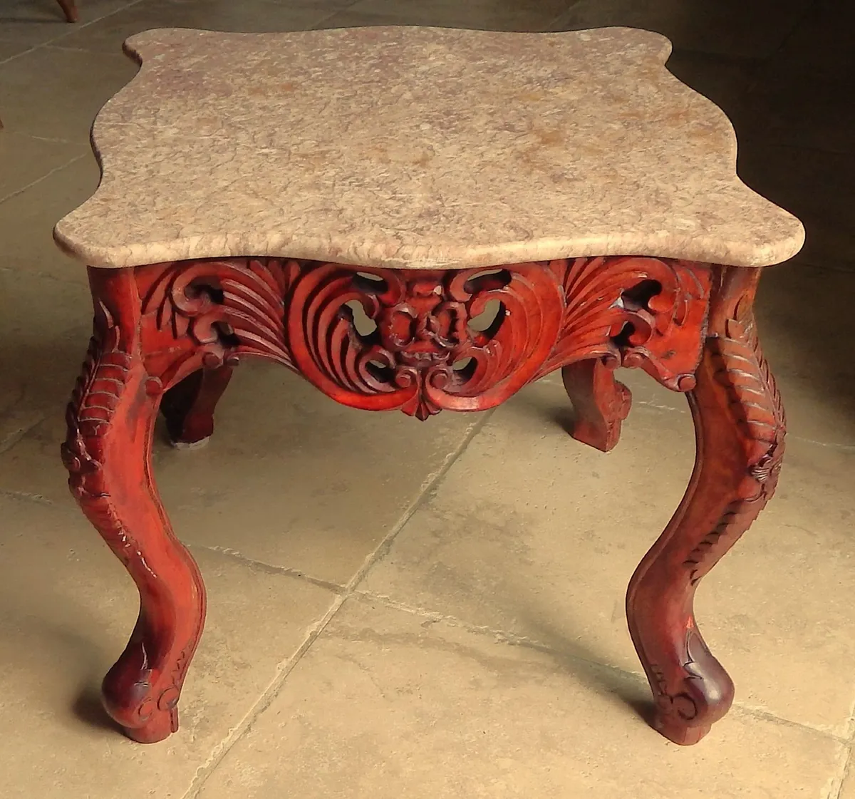 Vintage Ornate Carved Wood Table with Marble Top - Image 1
