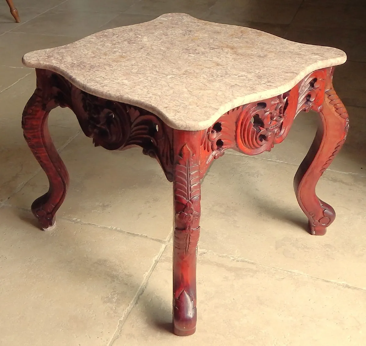 Vintage Ornate Carved Wood Table with Marble Top - Image 2