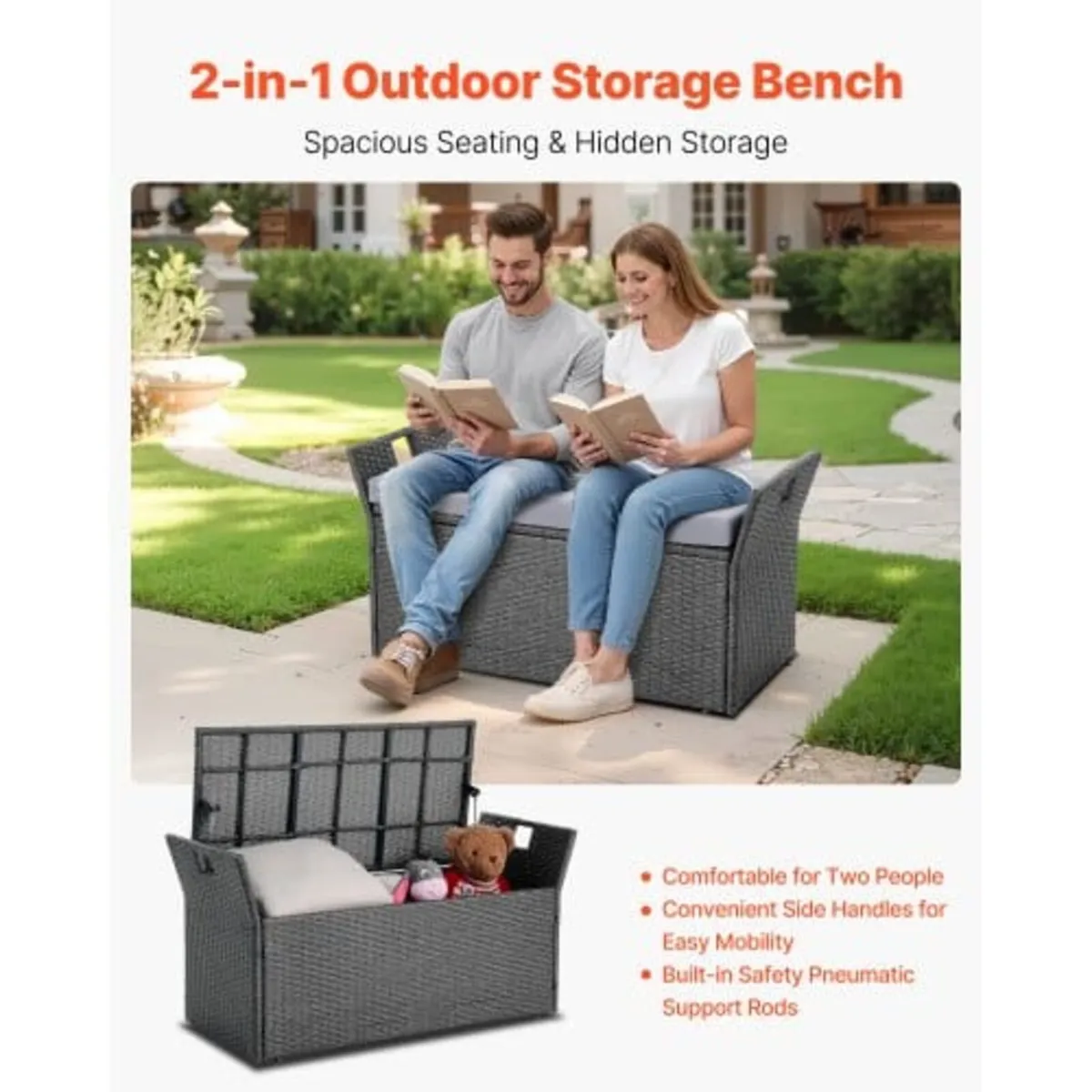 Outdoor Storage Bench, 2-Person PE Rattan Storage - Image 3