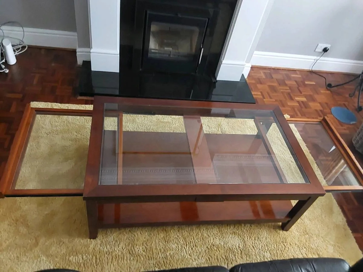 Unique Extending Hardwood Coffee Table with Glass - Image 1