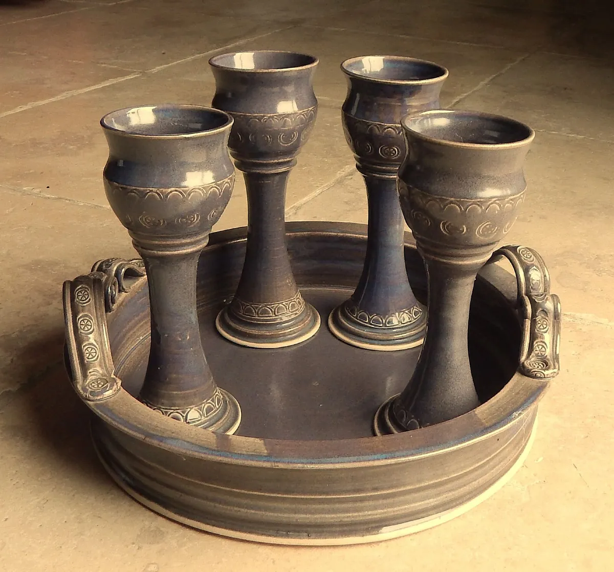 Kilkenny Cillcuain Pottery Tray & 4 Goblets - Image 1