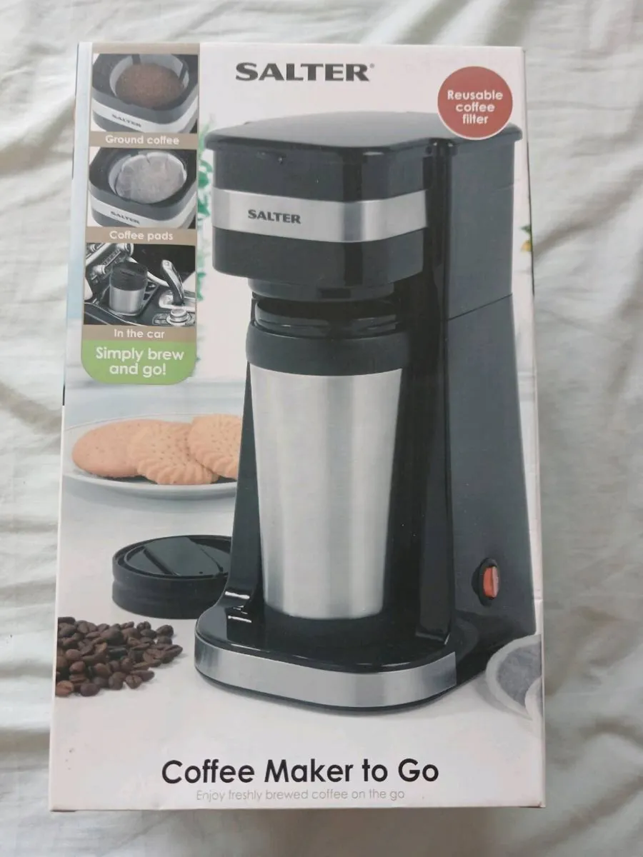 New in box coffee maker and steel travel mug - Image 1