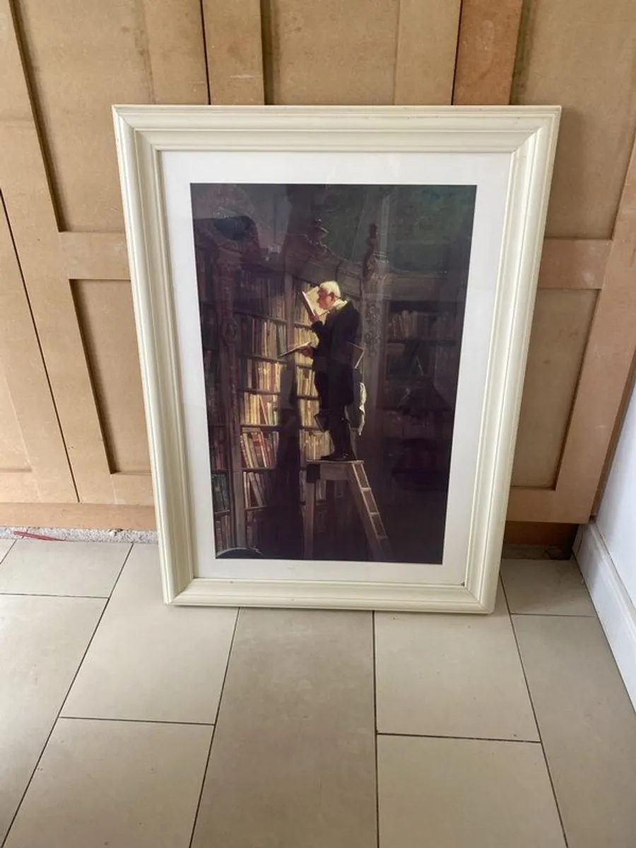 Large picture 29 inches  x 40 inches  frame is ivory Title Man in Library - Image 1