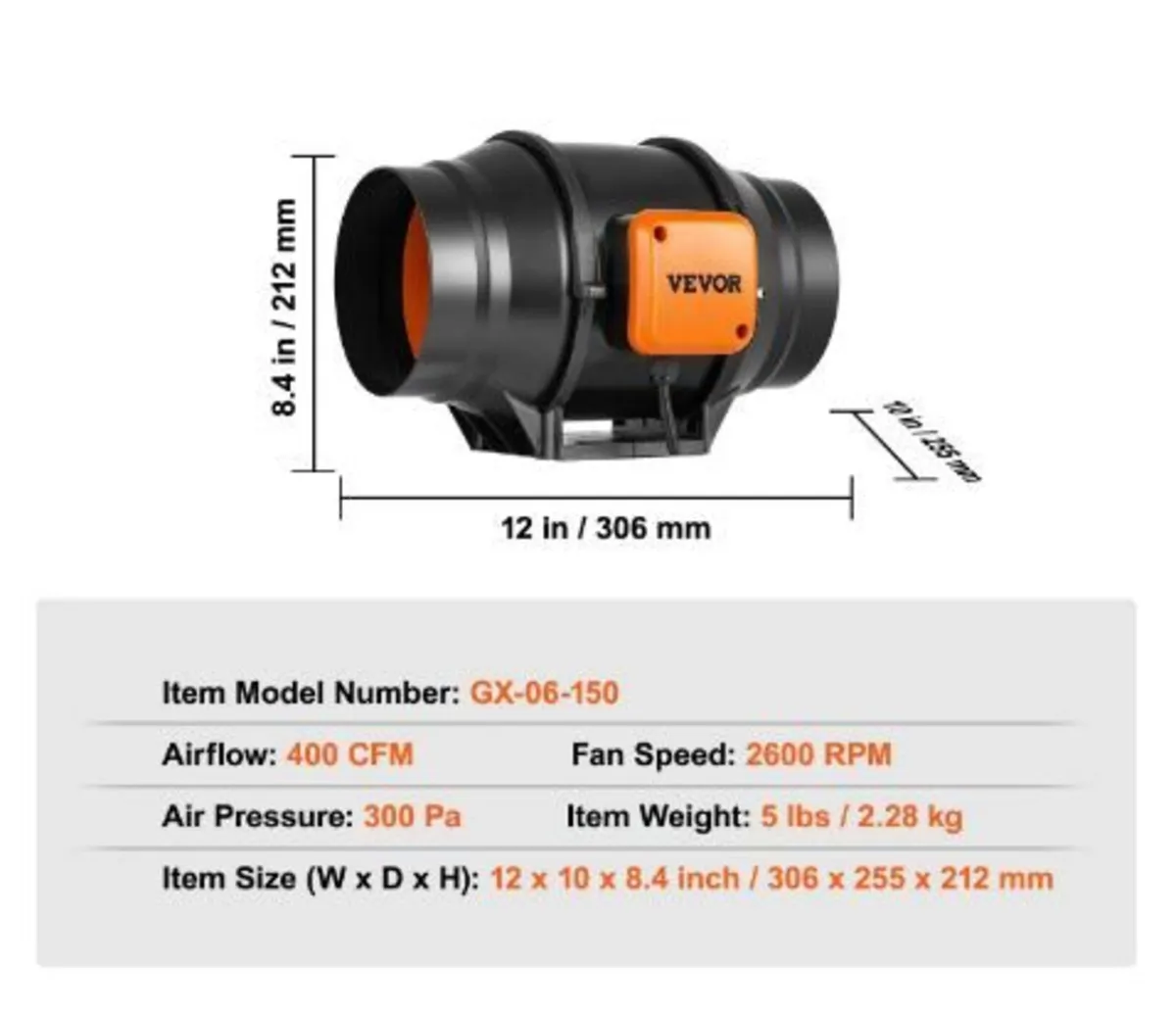 Inline Duct Fan, 152.4mm 323.7 CFM - Image 4