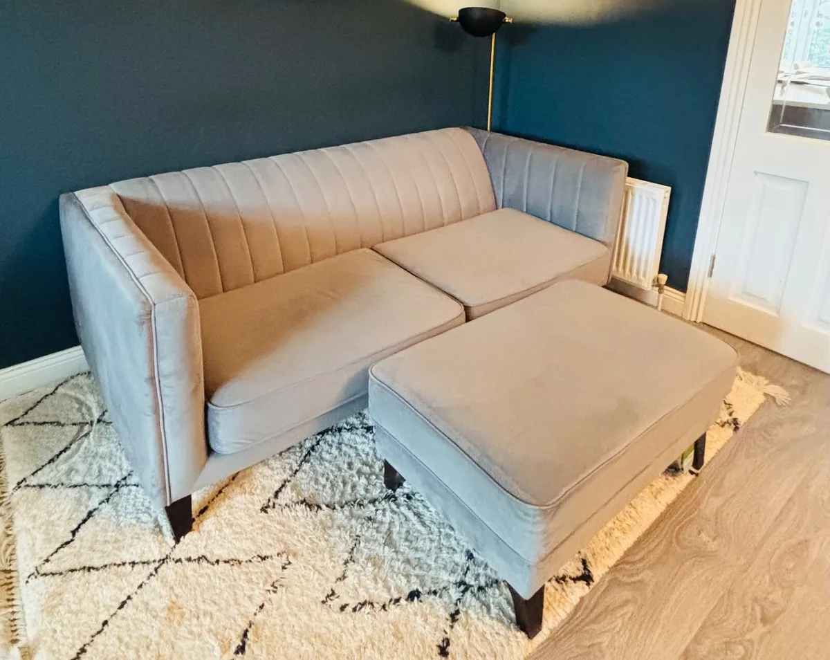 Grey Velvet 3 Seater Sofa + Matching Footstool - Image 1