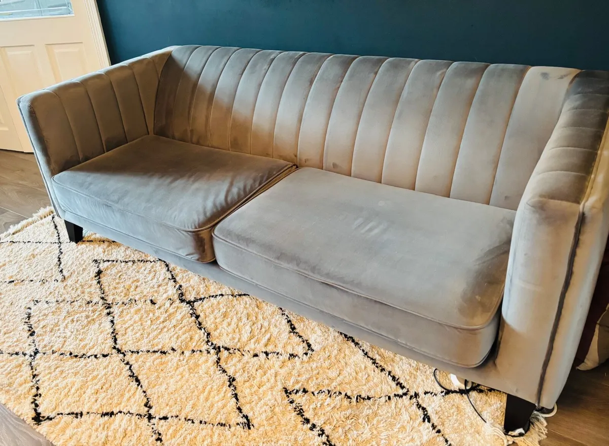 Grey Velvet 3 Seater Sofa + Matching Footstool - Image 3