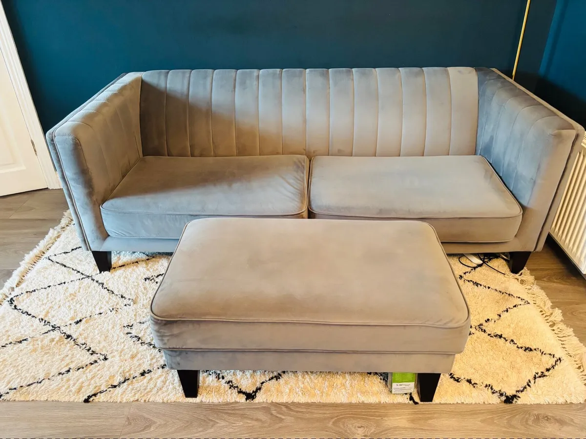 Grey Velvet 3 Seater Sofa + Matching Footstool - Image 4