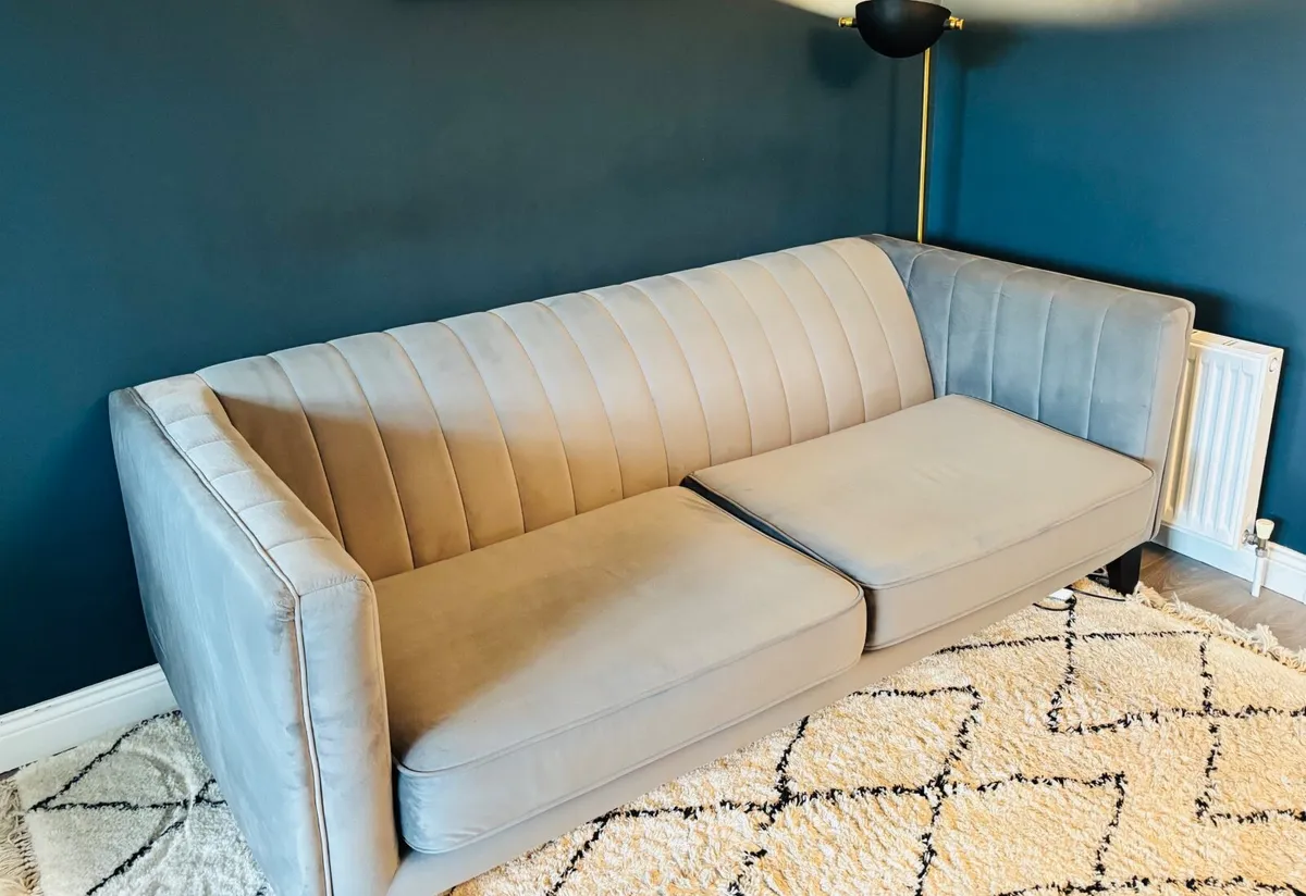 Grey Velvet 3 Seater Sofa + Matching Footstool - Image 2