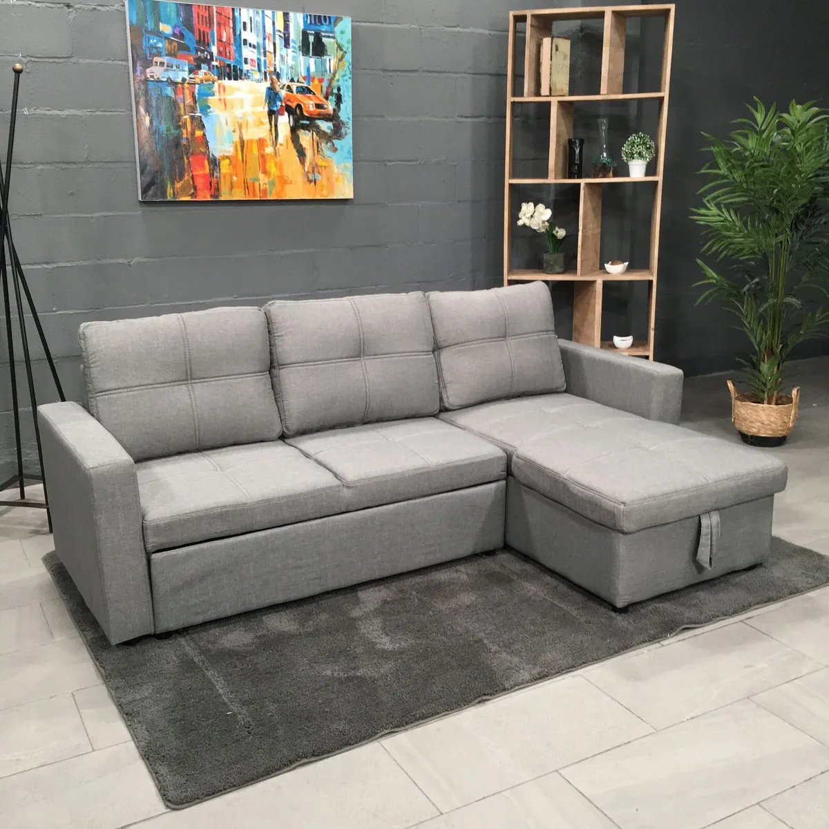 Grey Fabric Sofa Bed with storage, Free Delivery - Image 3