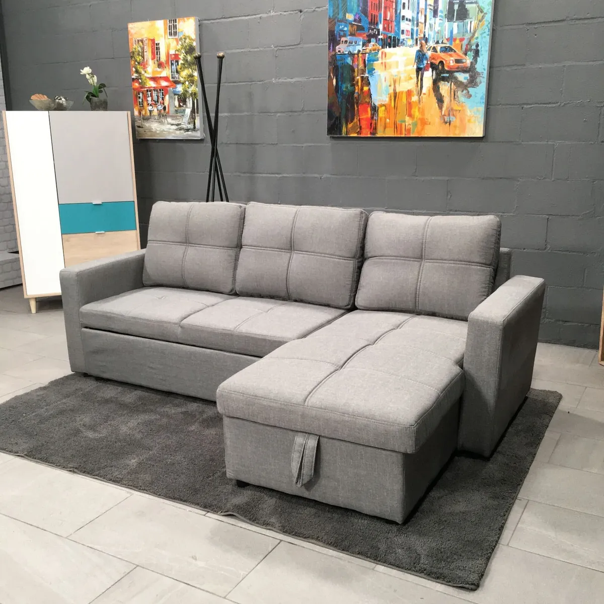 Grey Fabric Sofa Bed with storage, Free Delivery - Image 1