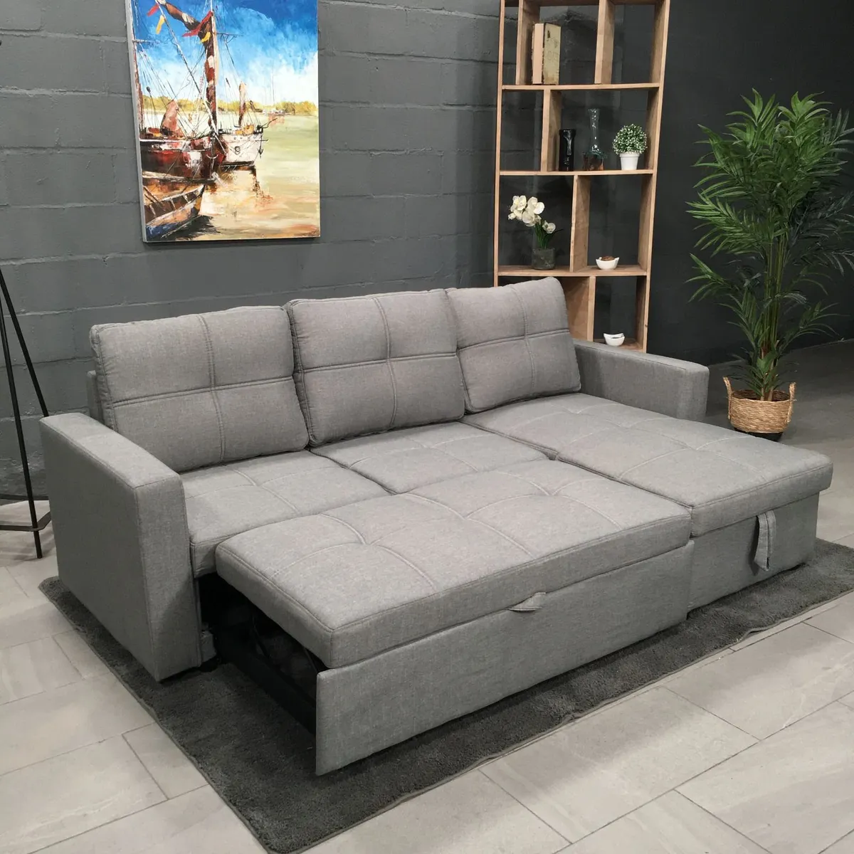 Grey Fabric Sofa Bed with storage, Free Delivery - Image 3