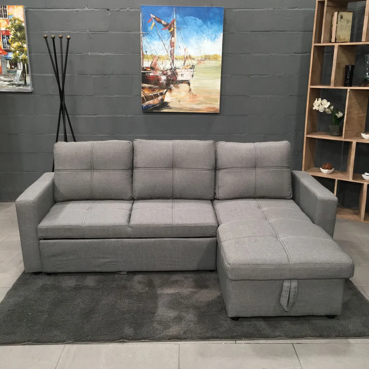 Grey Fabric Sofa Bed with storage, Free Delivery - Image 1