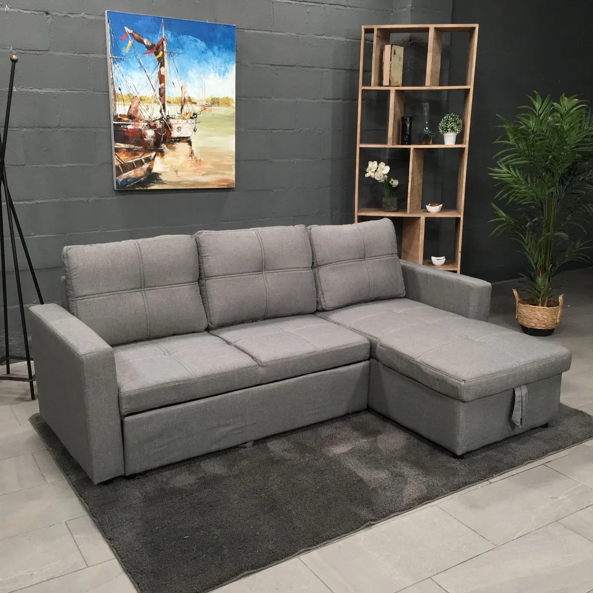Grey Fabric Sofa Bed with storage, Free Delivery - Image 3