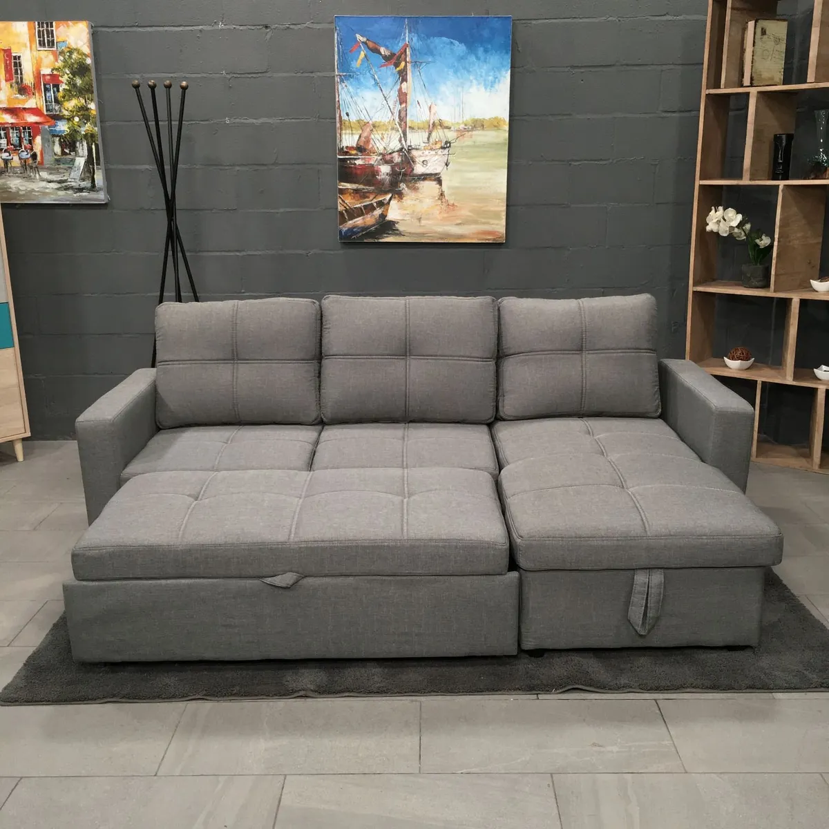 Grey Fabric Sofa Bed with storage, Free Delivery - Image 1