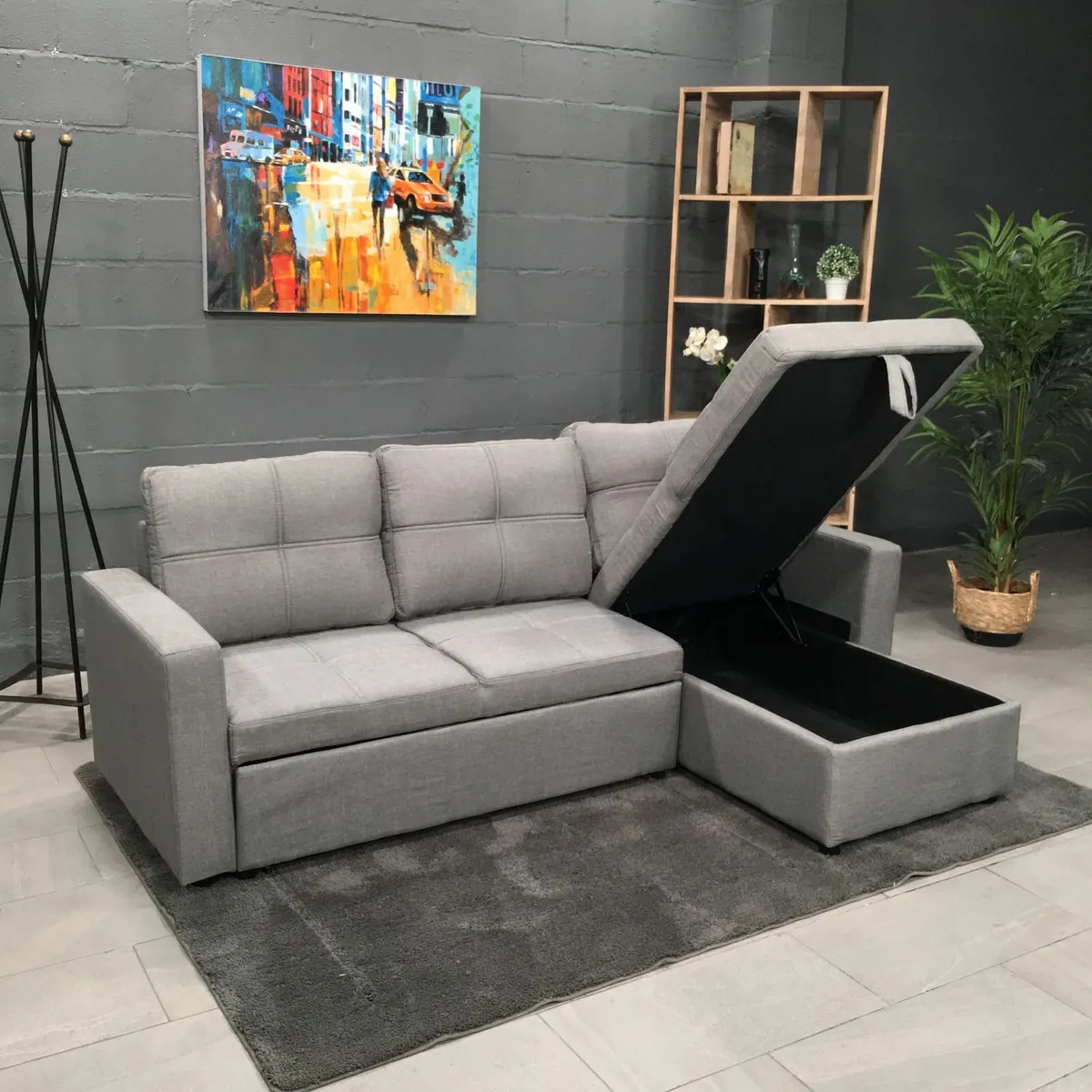 Grey Fabric Sofa Bed with storage, Free Delivery - Image 2