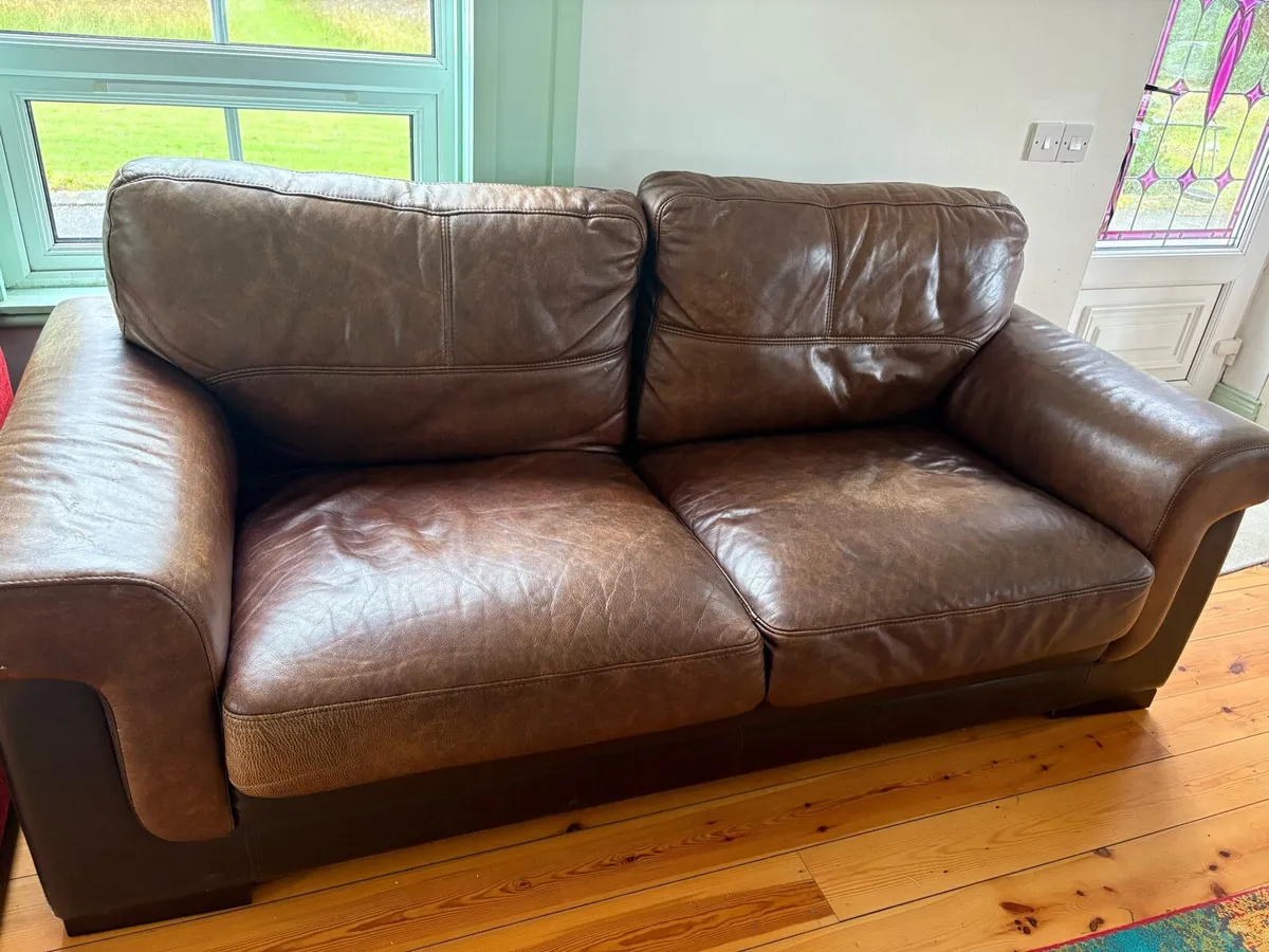 Brown leather set of 3 seater sofas - Image 1