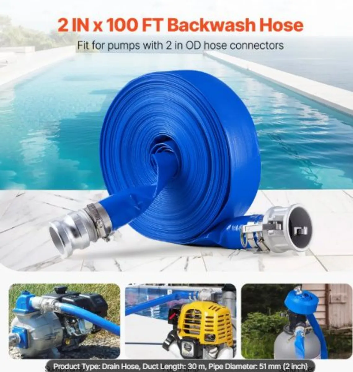 Backwash Hose, 51 mm(2 in) x 30.5 m(100 ft), Blue - Image 4