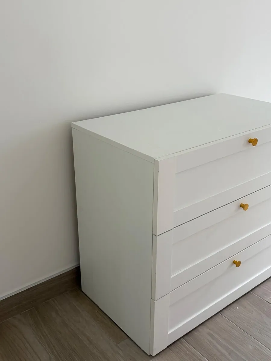 White Chest of Drawers – 3 Drawers, Gold Handles - Image 1