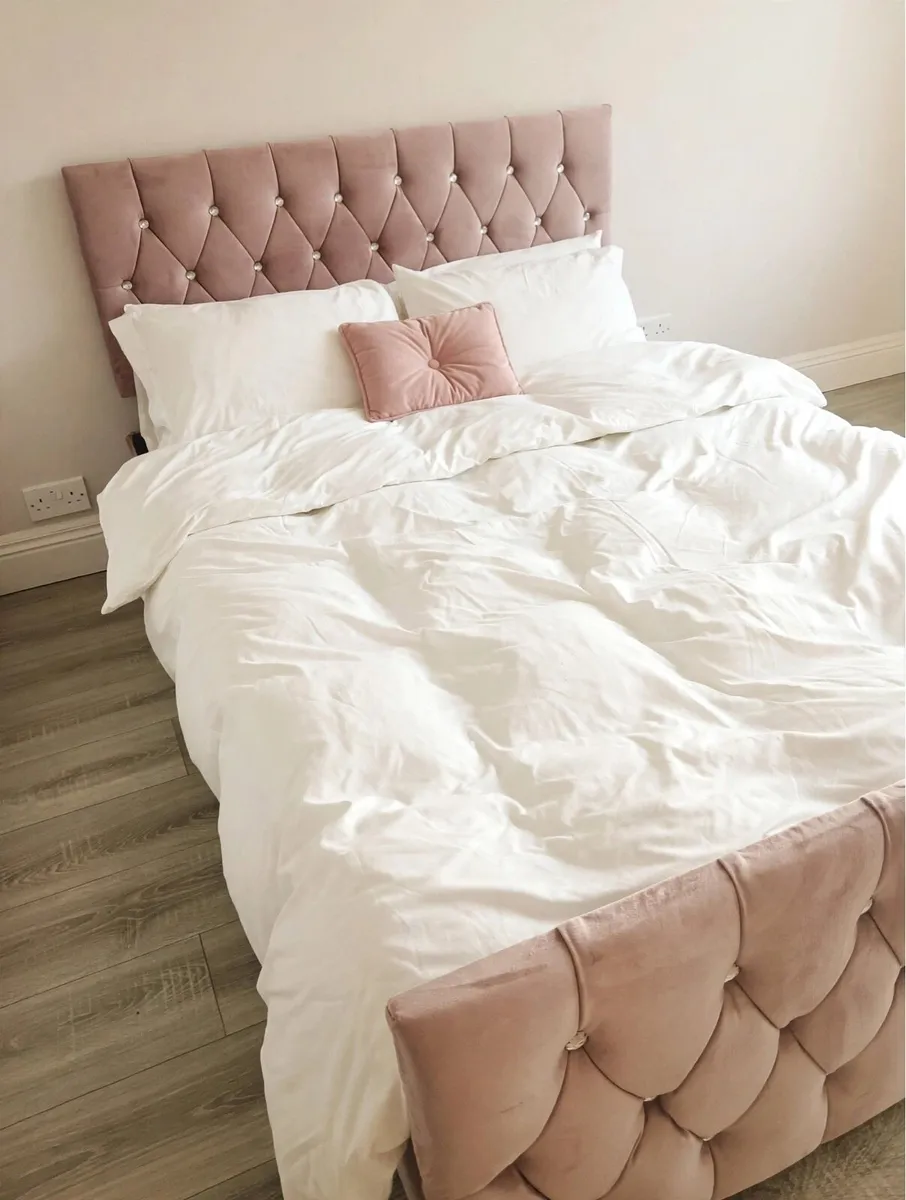 Pink velvet double bed frame and headboard - Image 1