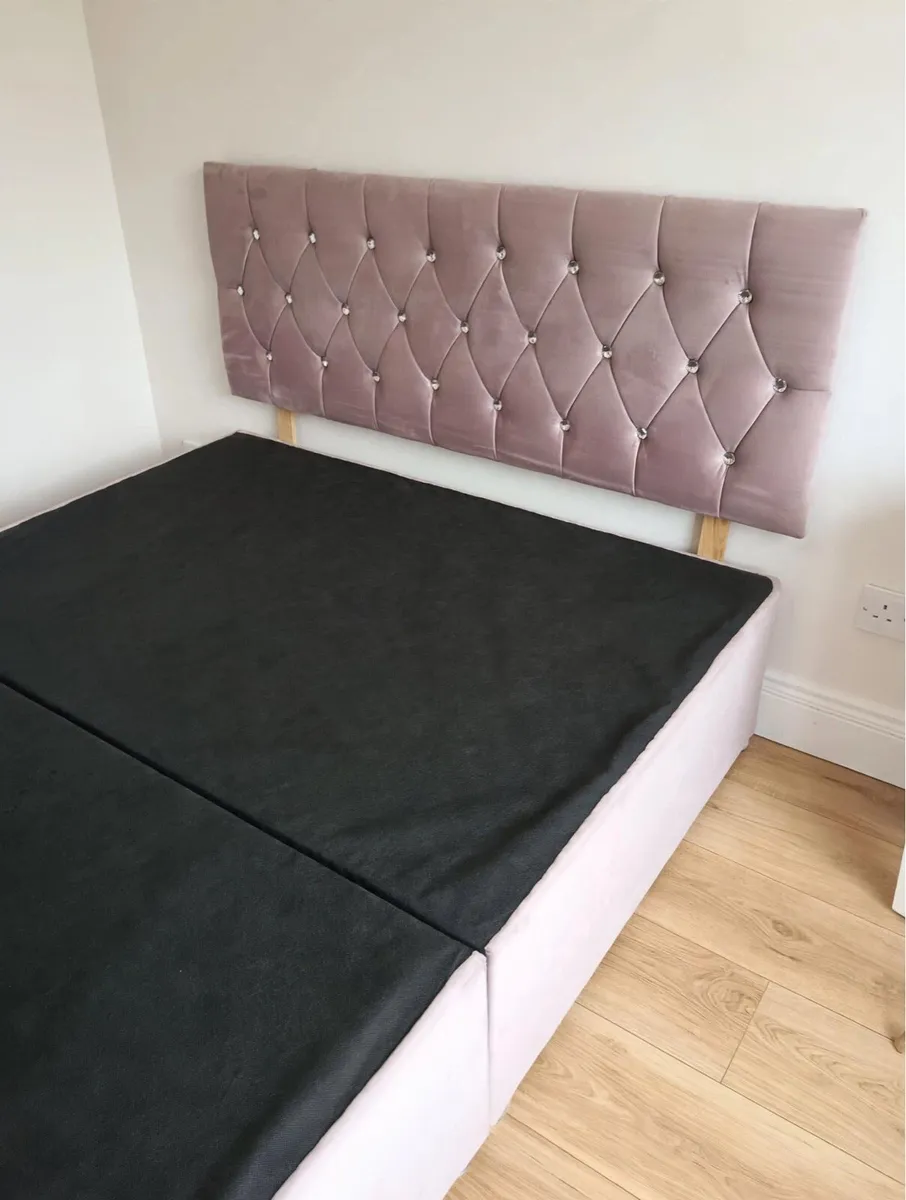 Pink velvet double bed frame and headboard - Image 4