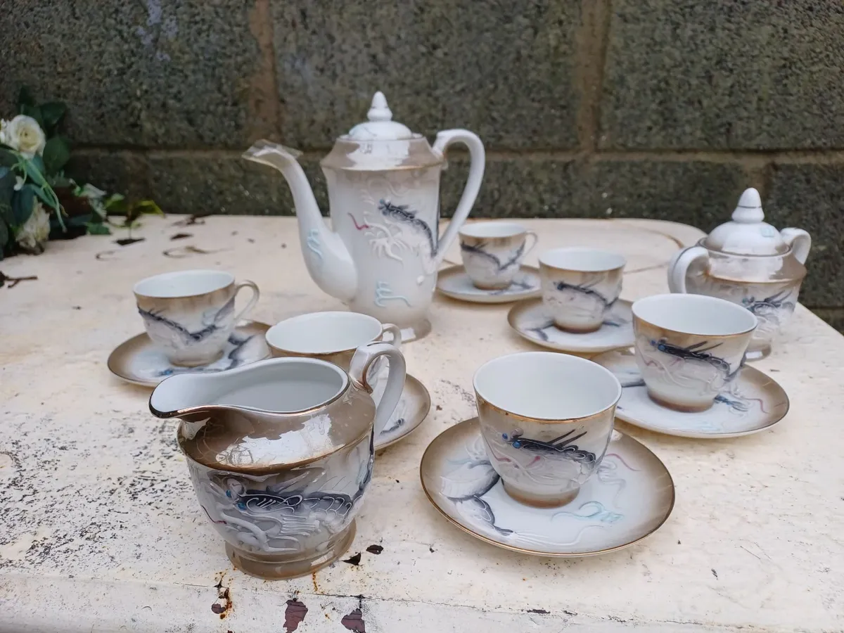 1950s Japanese Eggshell Dragonware Coffee Set - Image 1