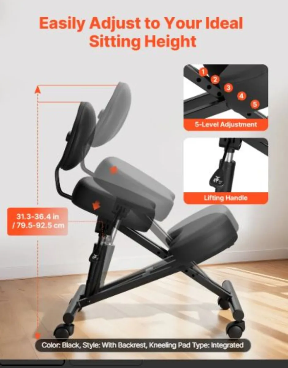 Ergonomic Kneeling Chair with Backrest & Wheels, - Image 2