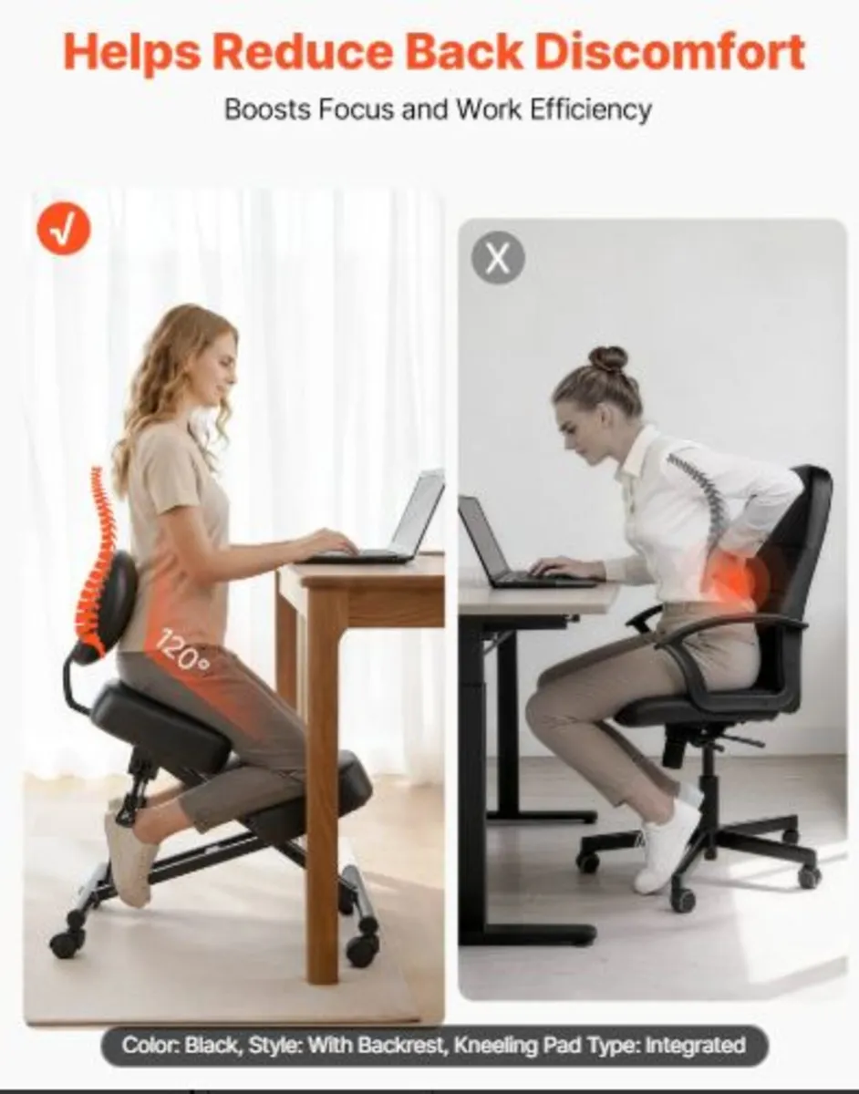 Ergonomic Kneeling Chair with Backrest & Wheels, - Image 3