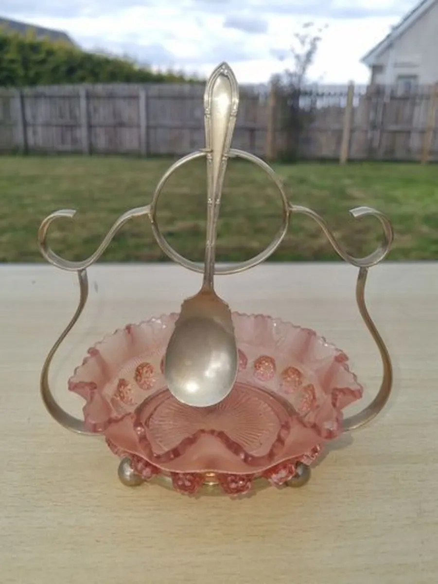 Vintage pink glass jam bowl,  silver-plated stand - Image 1