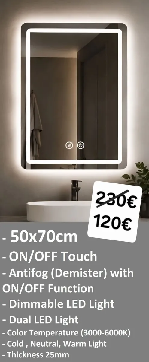 LED Bathroom Mirror Fog Free Tri Color Dual LED - Image 2