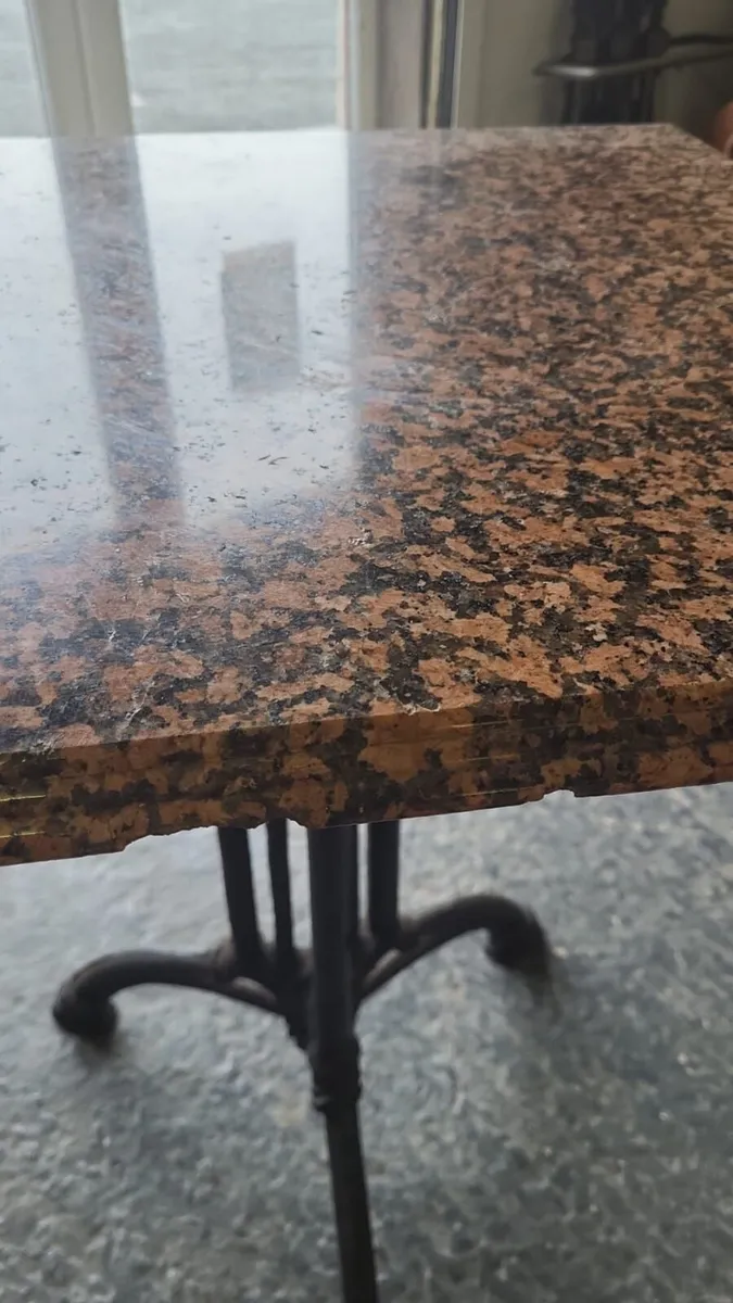 Pair vintage granite top cast iron base tables - Image 2