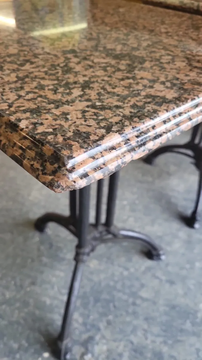 Pair vintage granite top cast iron base tables - Image 3