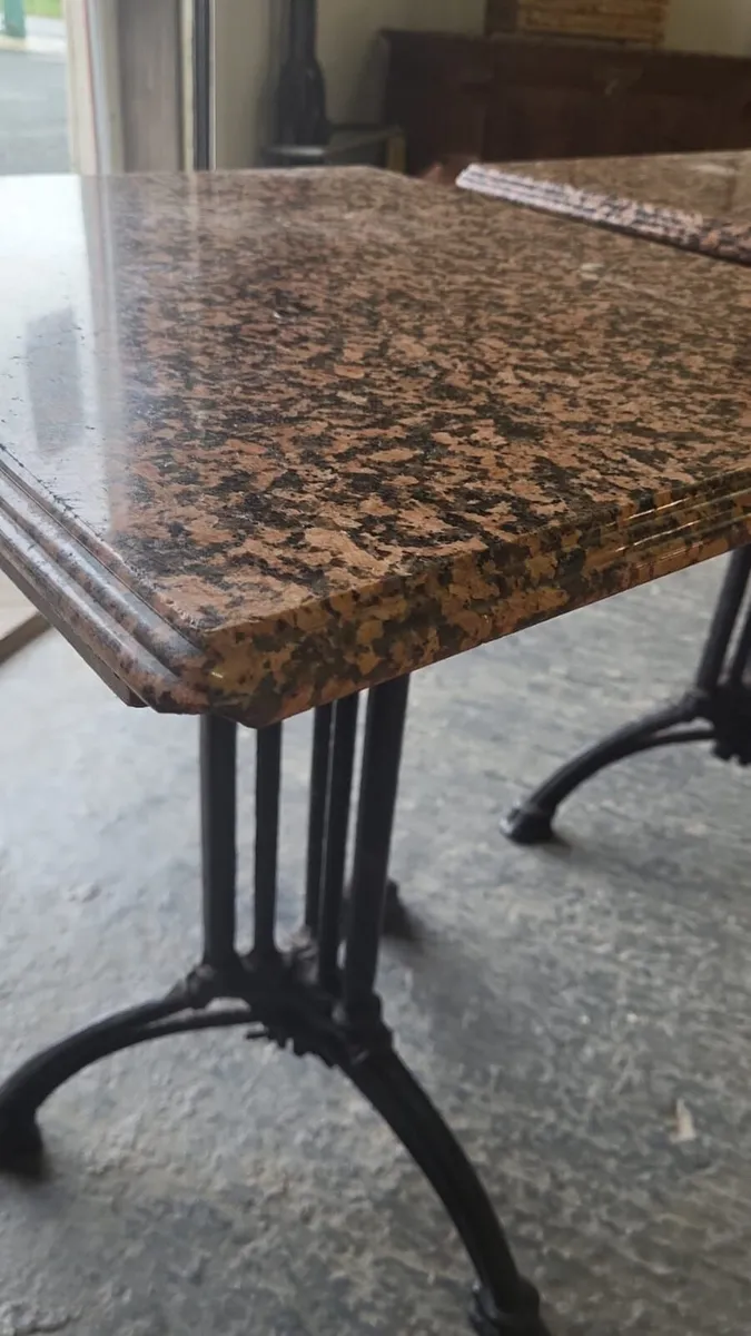 Pair vintage granite top cast iron base tables - Image 4