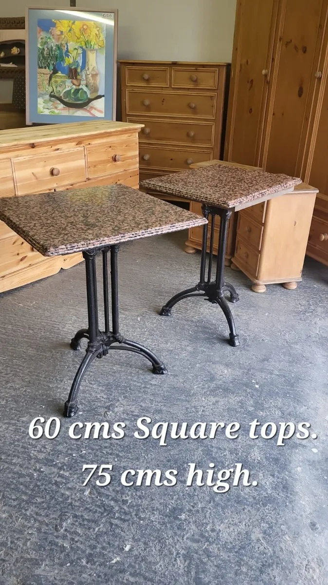 Pair vintage granite top cast iron base tables - Image 1