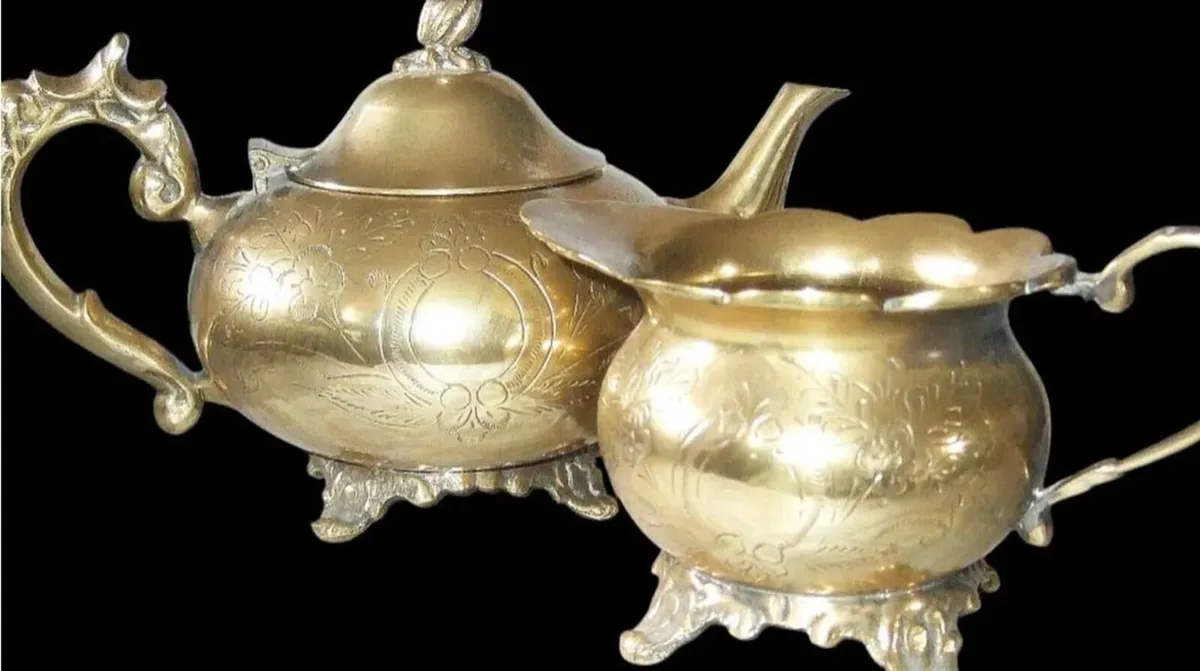 Vintage Ornate Hand-Chased Brass Tea Set - Image 1