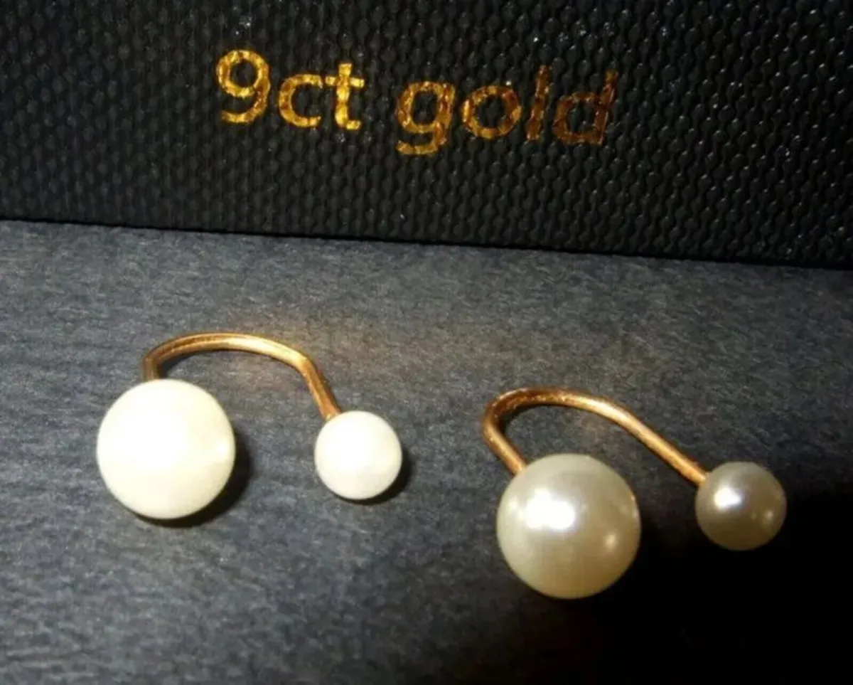Vintage 9ct Gold & Pearl Double-Stud Hoop Earrings - Image 2